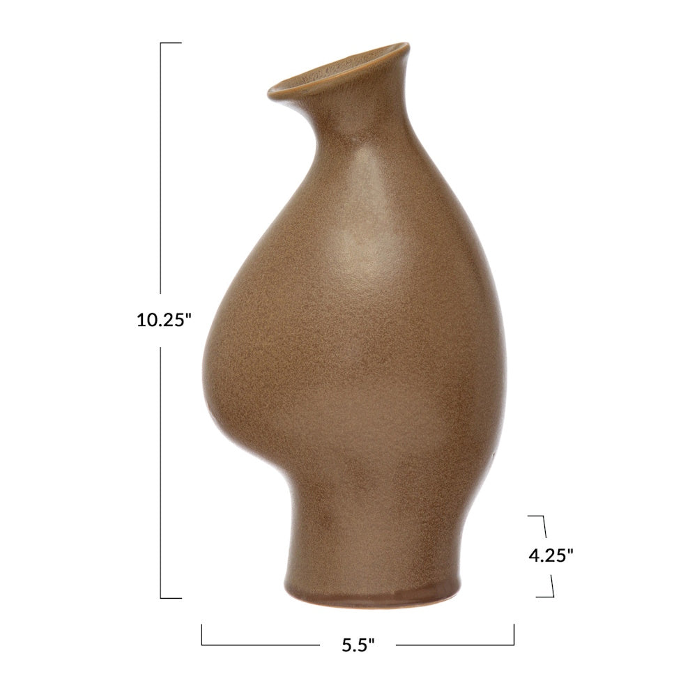 An organic-shaped brown stoneware vase with dimensions: 10.25" height, 5.5" width, and 4.25" base.