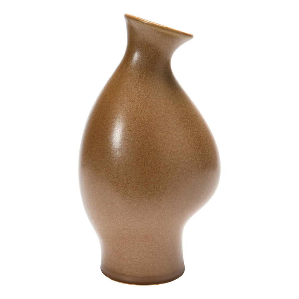 An organic-shaped brown stoneware vase with a smooth, asymmetrical matte finish on a white background.