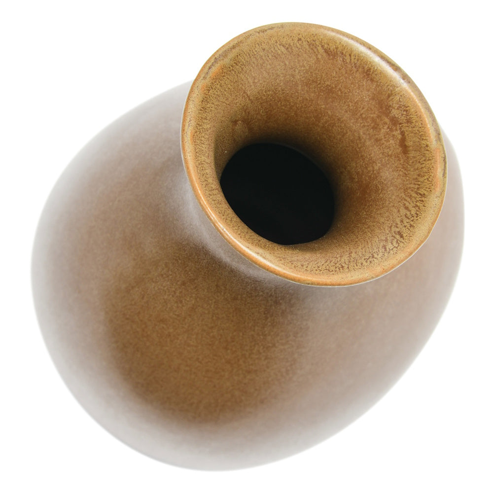 Top-down view of a matte brown ceramic vase showing its round opening, organic shape, and speckled glaze.