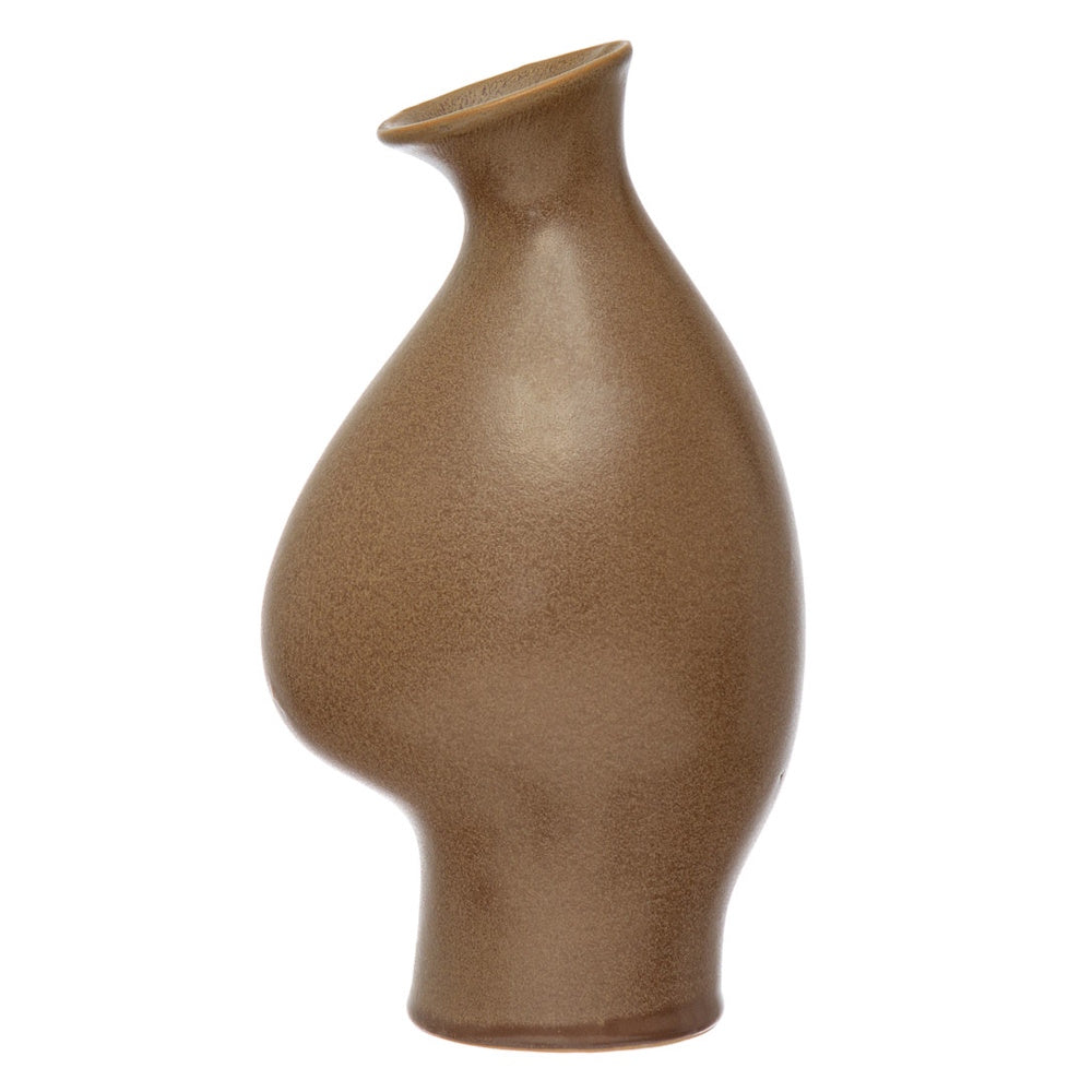 An organic-shaped, matte brown ceramic vase with a unique bulbous silhouette on a white background.