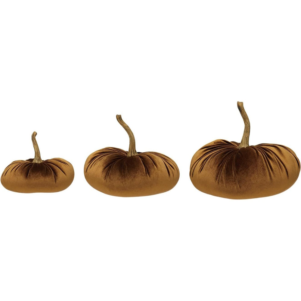 Set of three plush brown velvet decorative pumpkins in varying sizes with realistic curved resin stems.