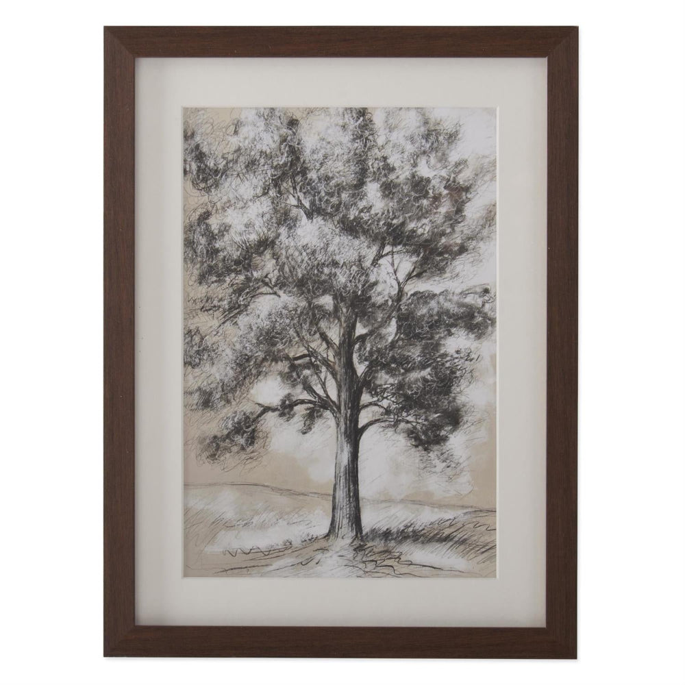 Framed charcoal sketch of a large tree in a field with a dark wood frame and white matting for wall art decor.
