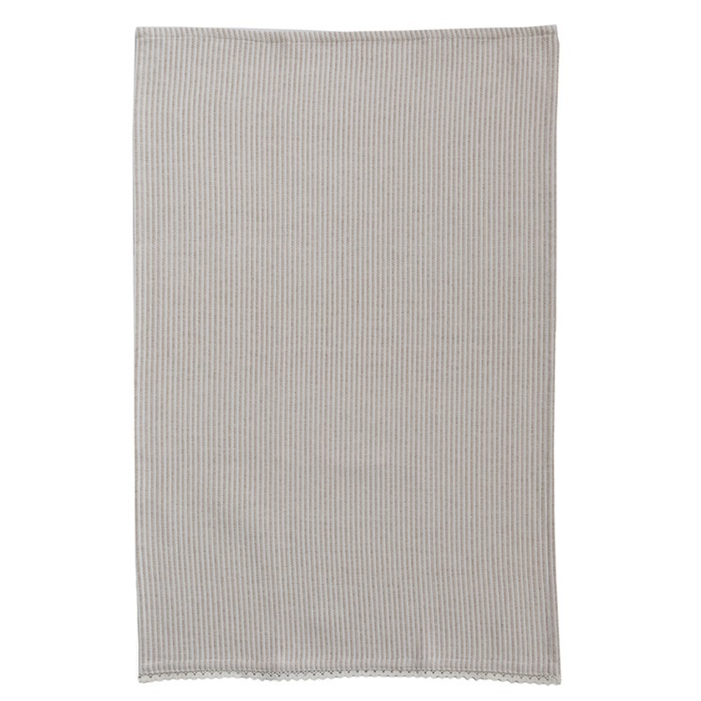 Woven cotton kitchen towel featuring fine light brown and off-white vertical stripes with a lace-trimmed edge.