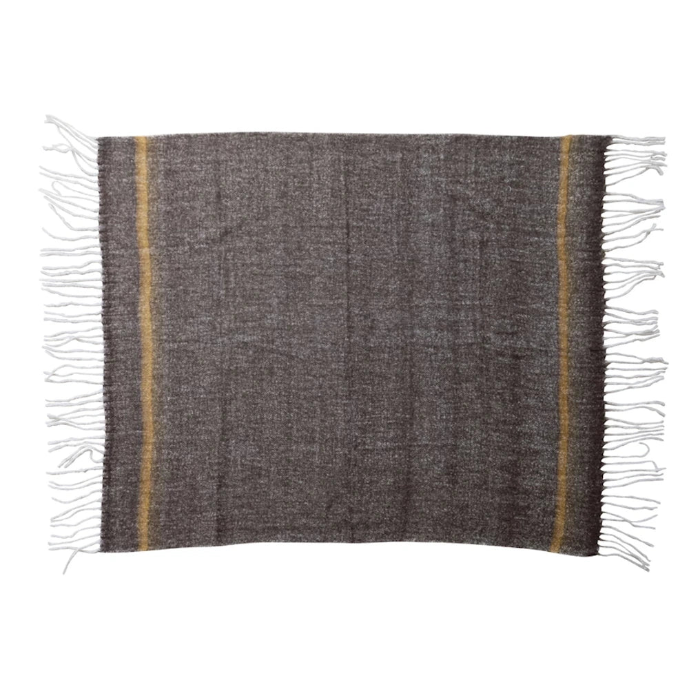 Charcoal grey brushed New Zealand wool and acrylic throw blanket with gold stripes and white fringe.