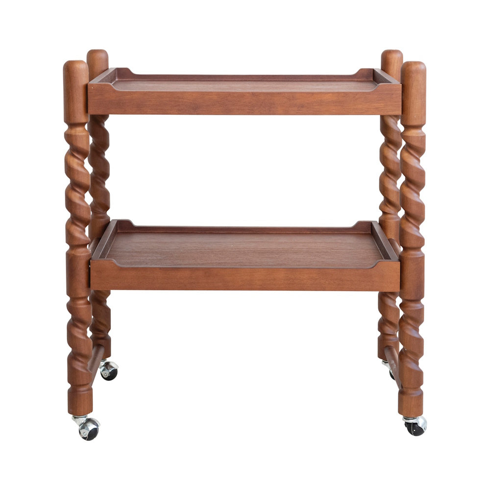 Brushed rubberwood 2-tier bar cart with barley twist legs and locking wheels.