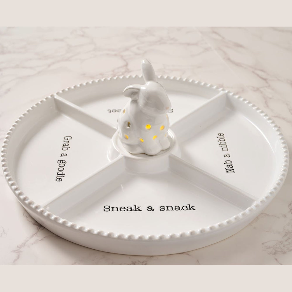 White ceramic divided serving tray with light-up bunny center and snack-themed text. Perfect for Easter entertaining.