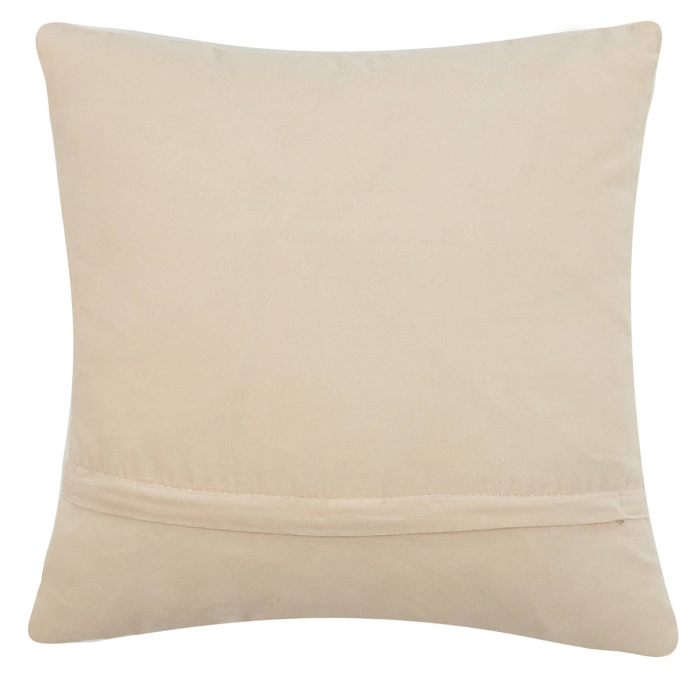 Back view of a tan velvet throw pillow featuring a hidden zipper closure and soft fabric texture.