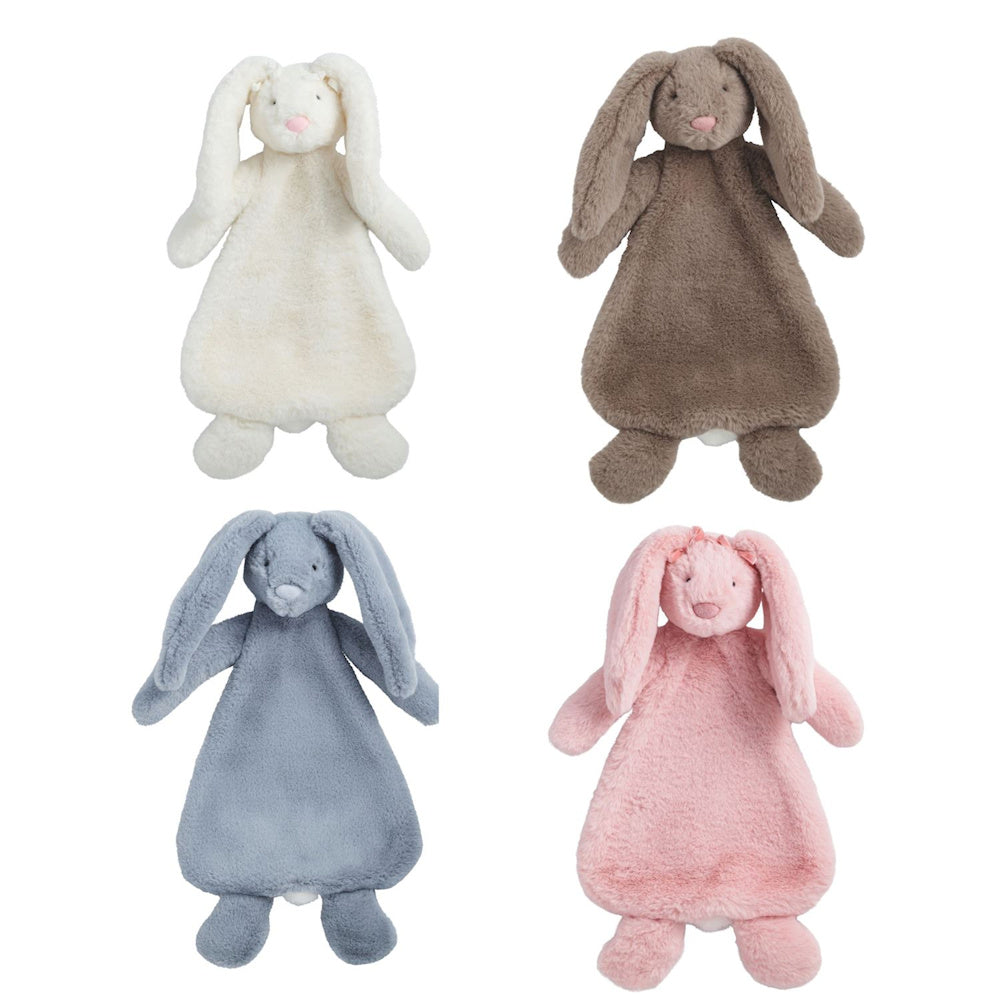 Four plush bunny lovey security blankets in cream, brown, blue, and pink colors with long floppy ears and soft faux fur.
