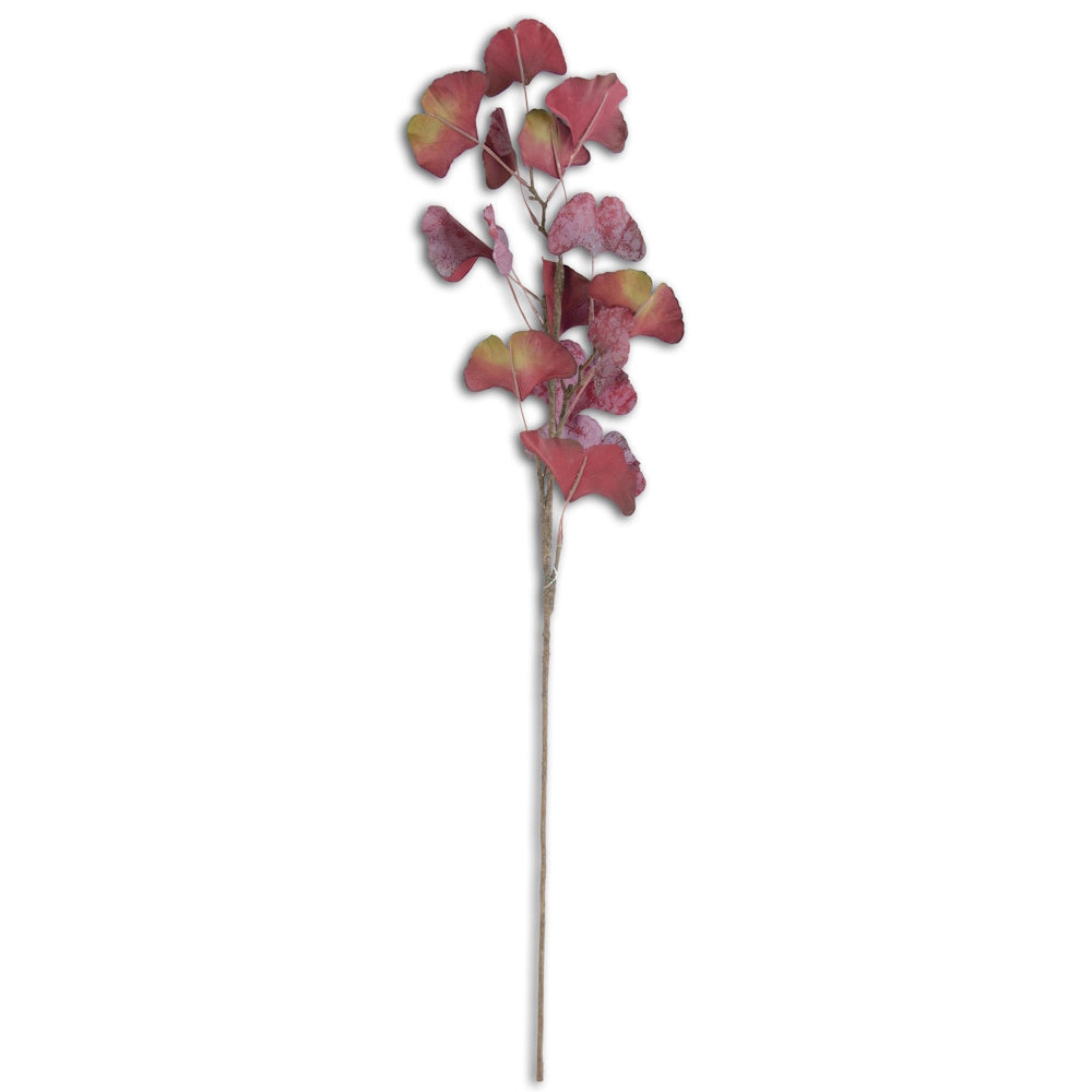 An artificial botanical stem with reddish-pink and green ginkgo leaves on a plain white background.
