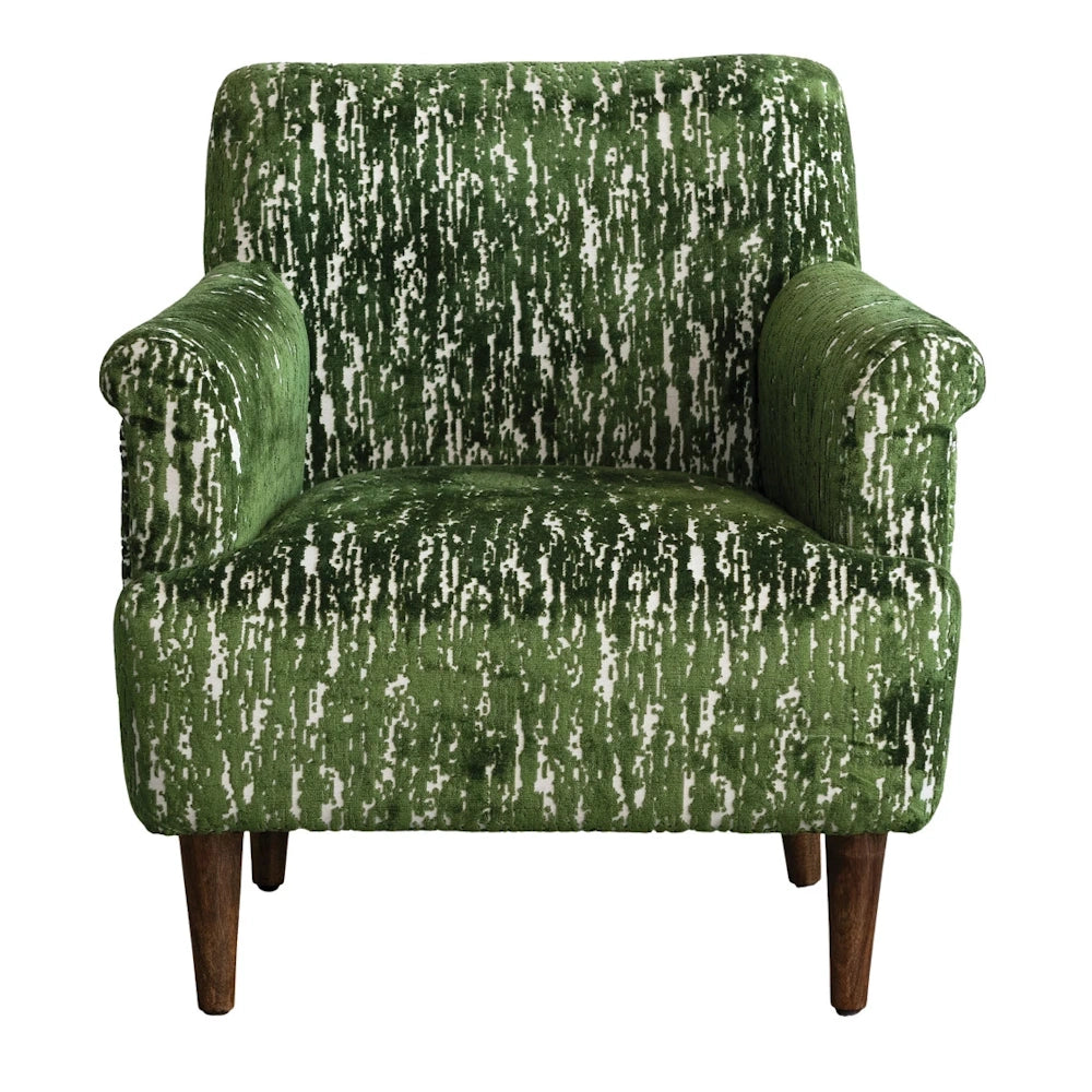 Green burnout velvet upholstered armchair with mango wood legs, featuring a textured white and emerald green pattern.