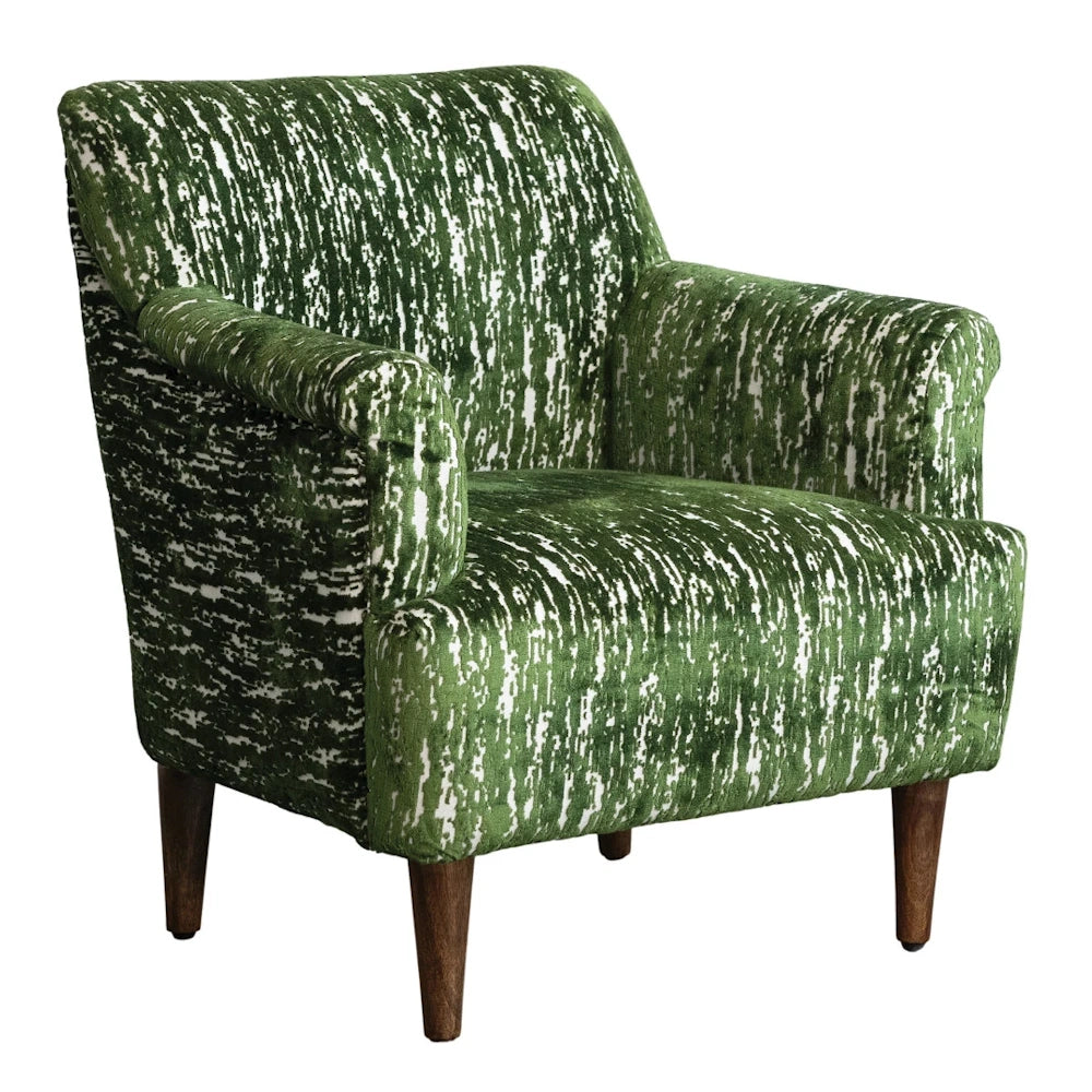 Green burnout velvet upholstered armchair with mango wood legs, featuring a textured pattern on a white background.