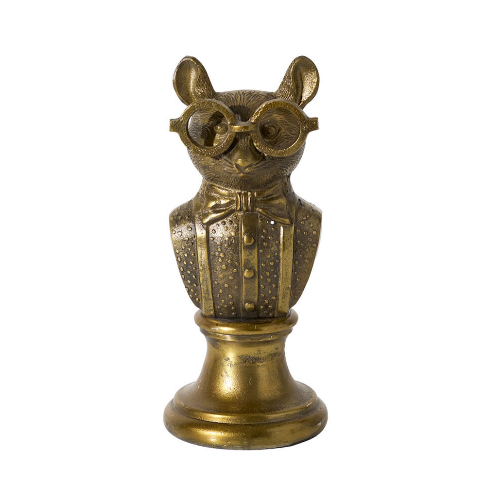 Gold resin mouse bust figurine wearing glasses and a bow tie in a front view.