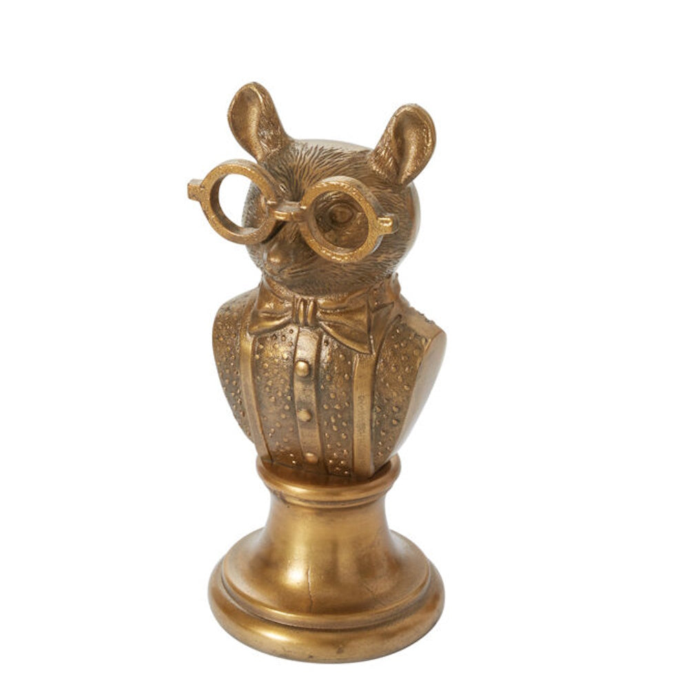 Gold resin mouse bust figurine wearing glasses and a bow tie in a front view.