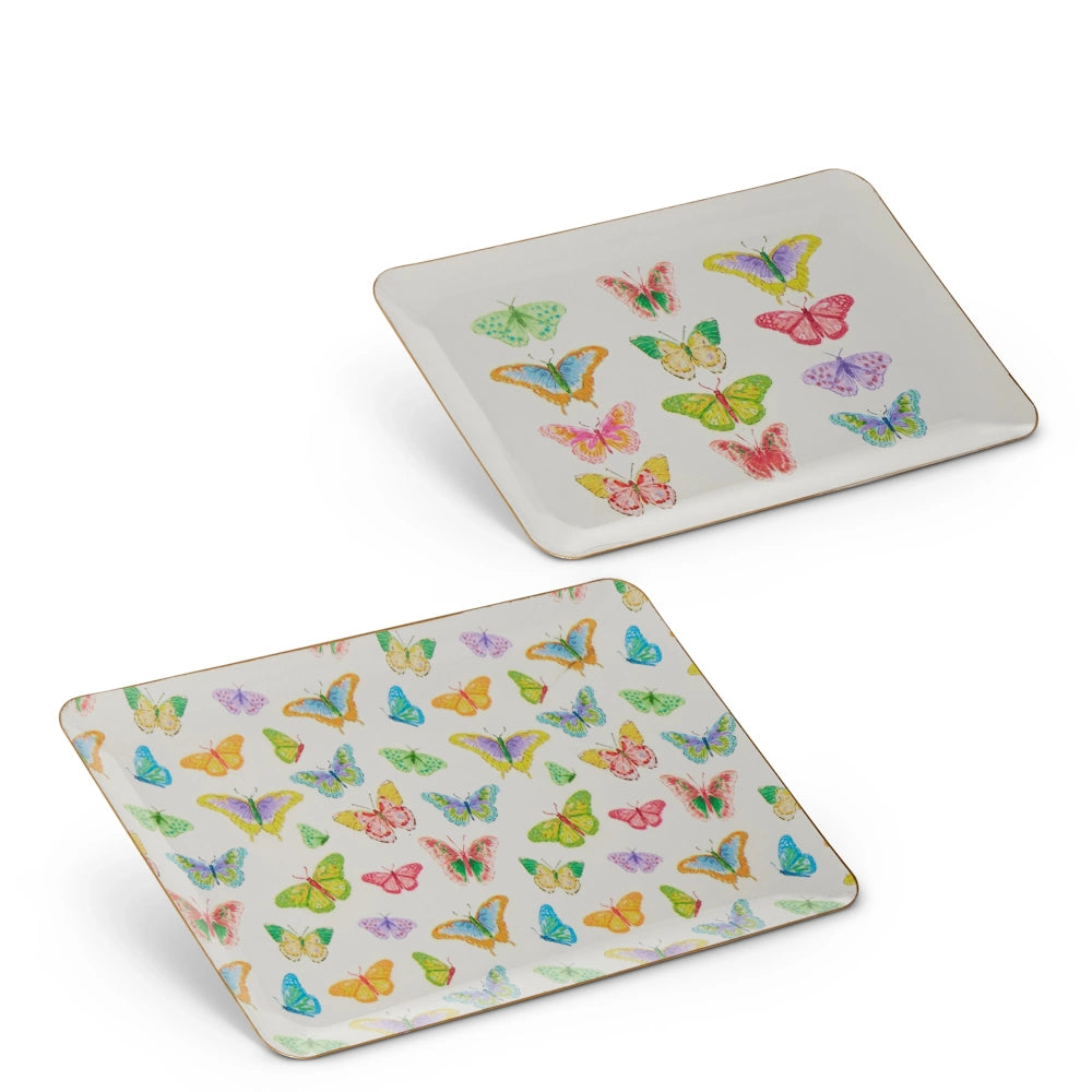 Two decorative trays displaying colorful butterflies printed on them.