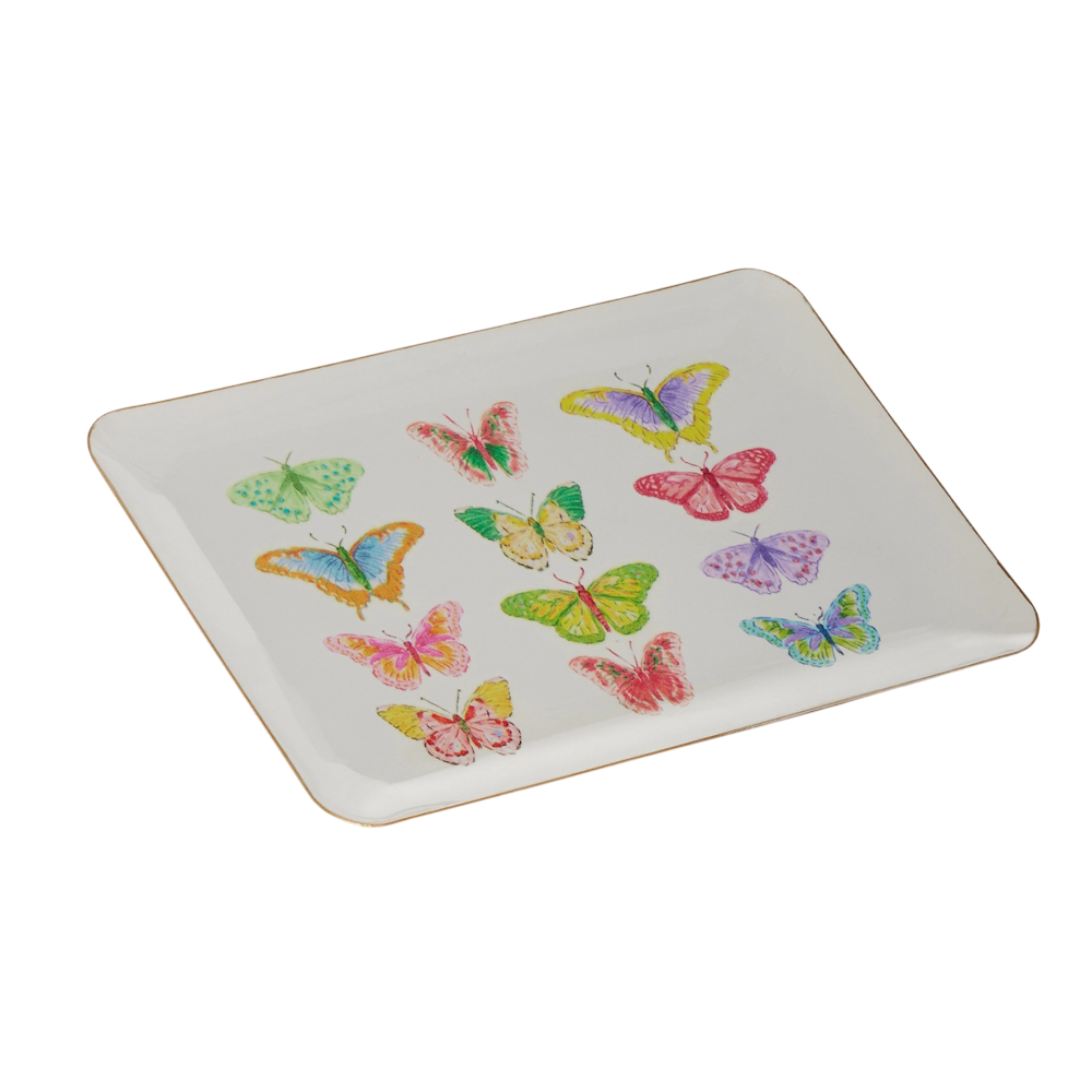 A white tray adorned with vibrant, colorful butterflies in various patterns.