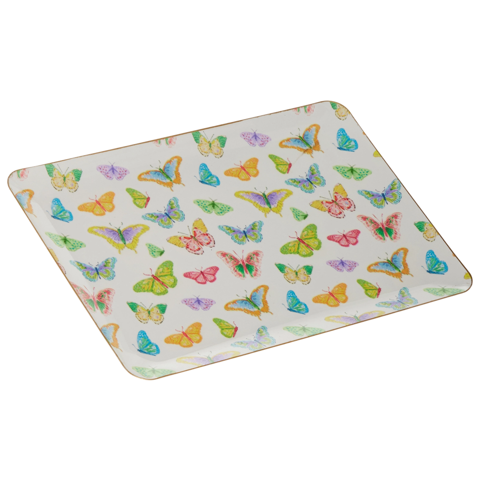 A white tray adorned with vibrant, colorful butterflies scattered across its surface.