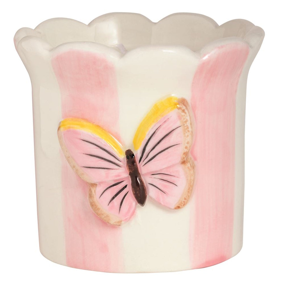 Pink and white striped ceramic butterfly candle holder with a scalloped rim.