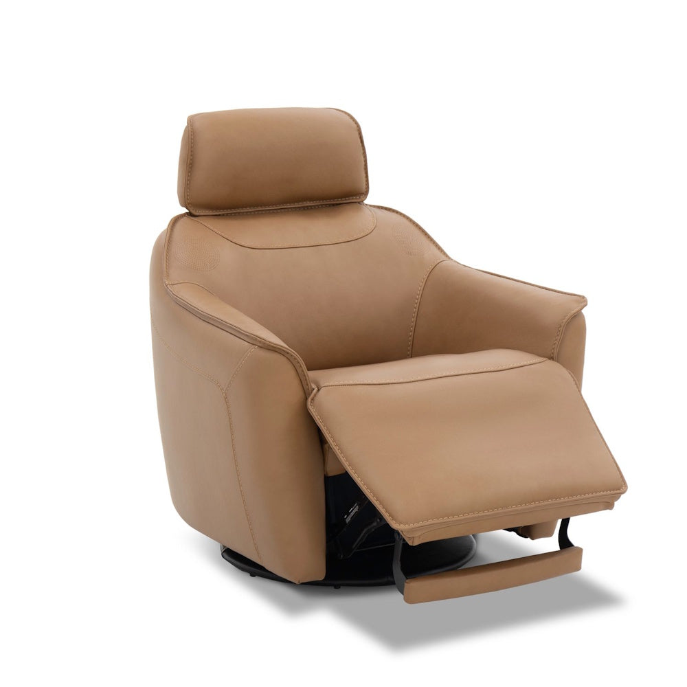 Tan leather swivel recliner chair with an extended footrest on a white background.