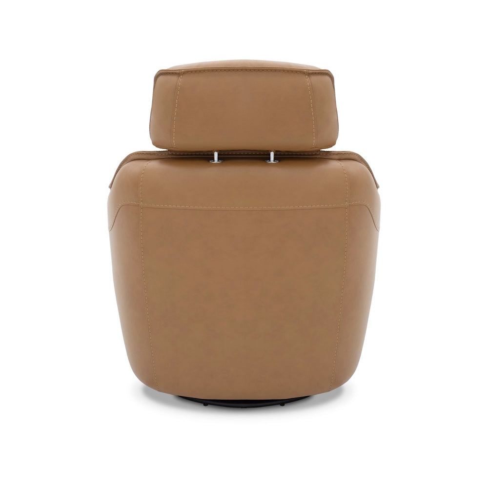 The back view of a light brown leather swivel chair with an adjustable headrest, on a white background.