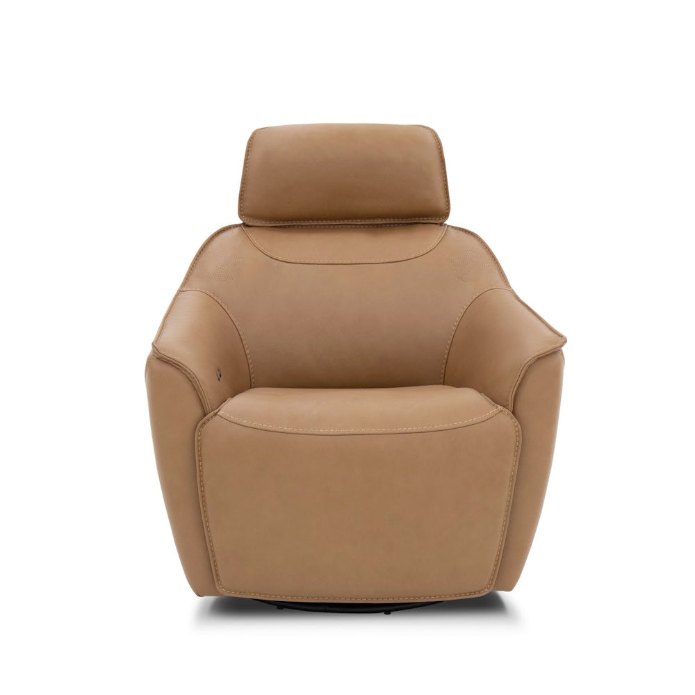 Front view of a tan leather swivel armchair with a wide headrest against a white background.