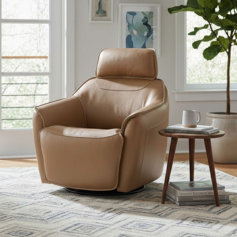 A light brown leather swivel armchair in a bright living room next to a small wooden side table.