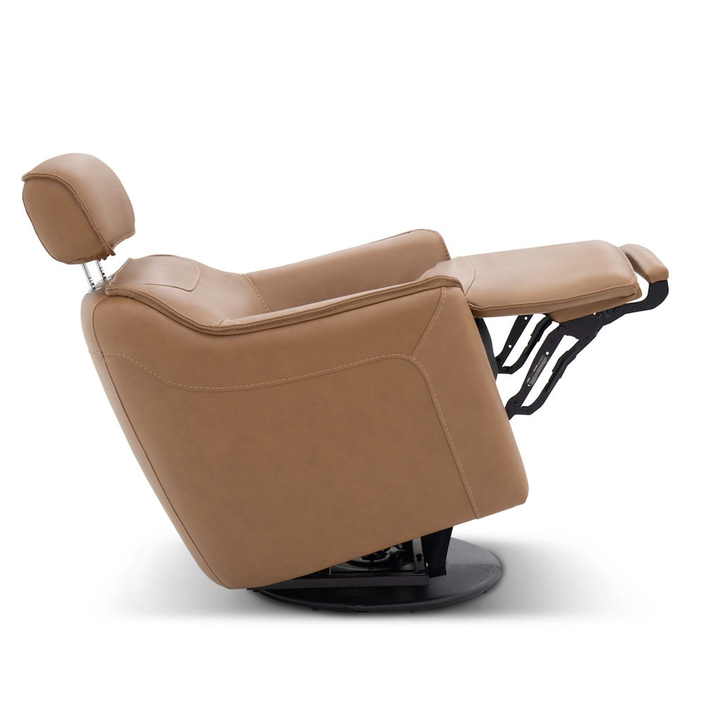 Side view of a light brown leather recliner chair with the footrest extended on a black swivel base.
