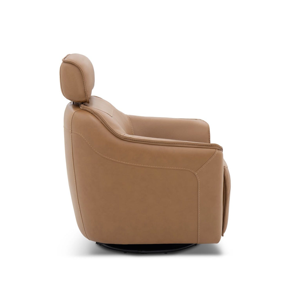 Side profile of a tan leather swivel armchair with a headrest on a white background.