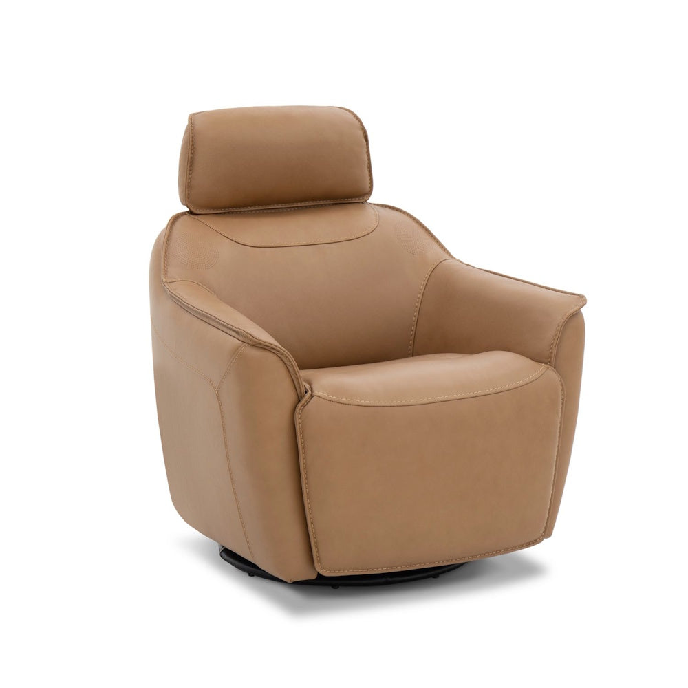 Modern tan leather swivel armchair with a high headrest and integrated armrests against a white background.