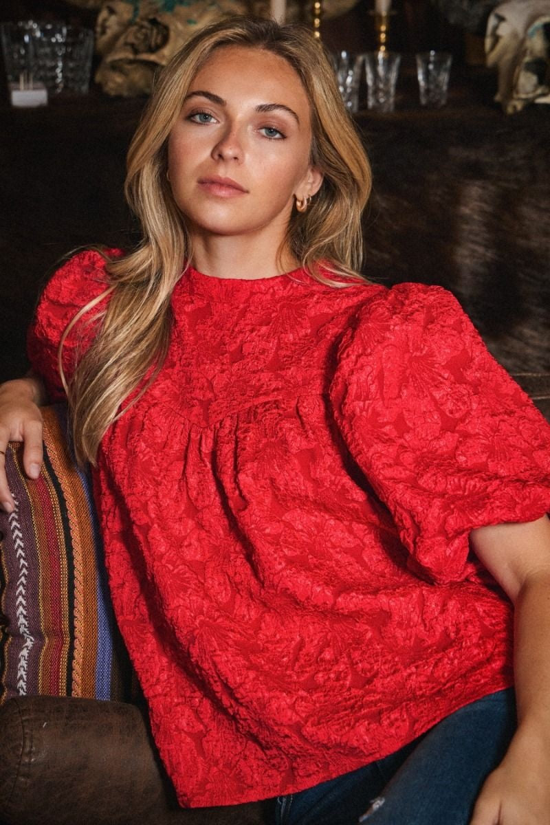 Floral Jacquard Balloon Sleeve Blouse