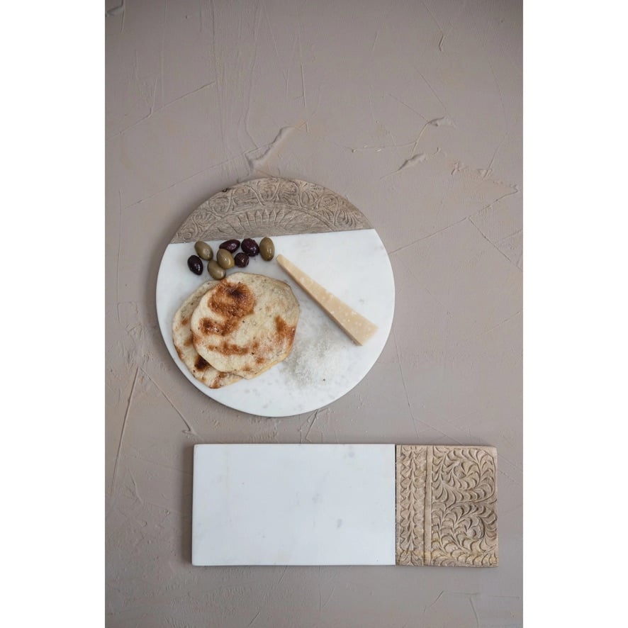 Hand-Carved Mango Wood & Marble Serving Board with Engraved Design, White & Natural — alternate view 3