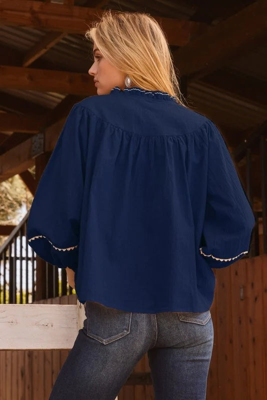 Embroidery Ruffle Neckline Blouse — alternate view 5