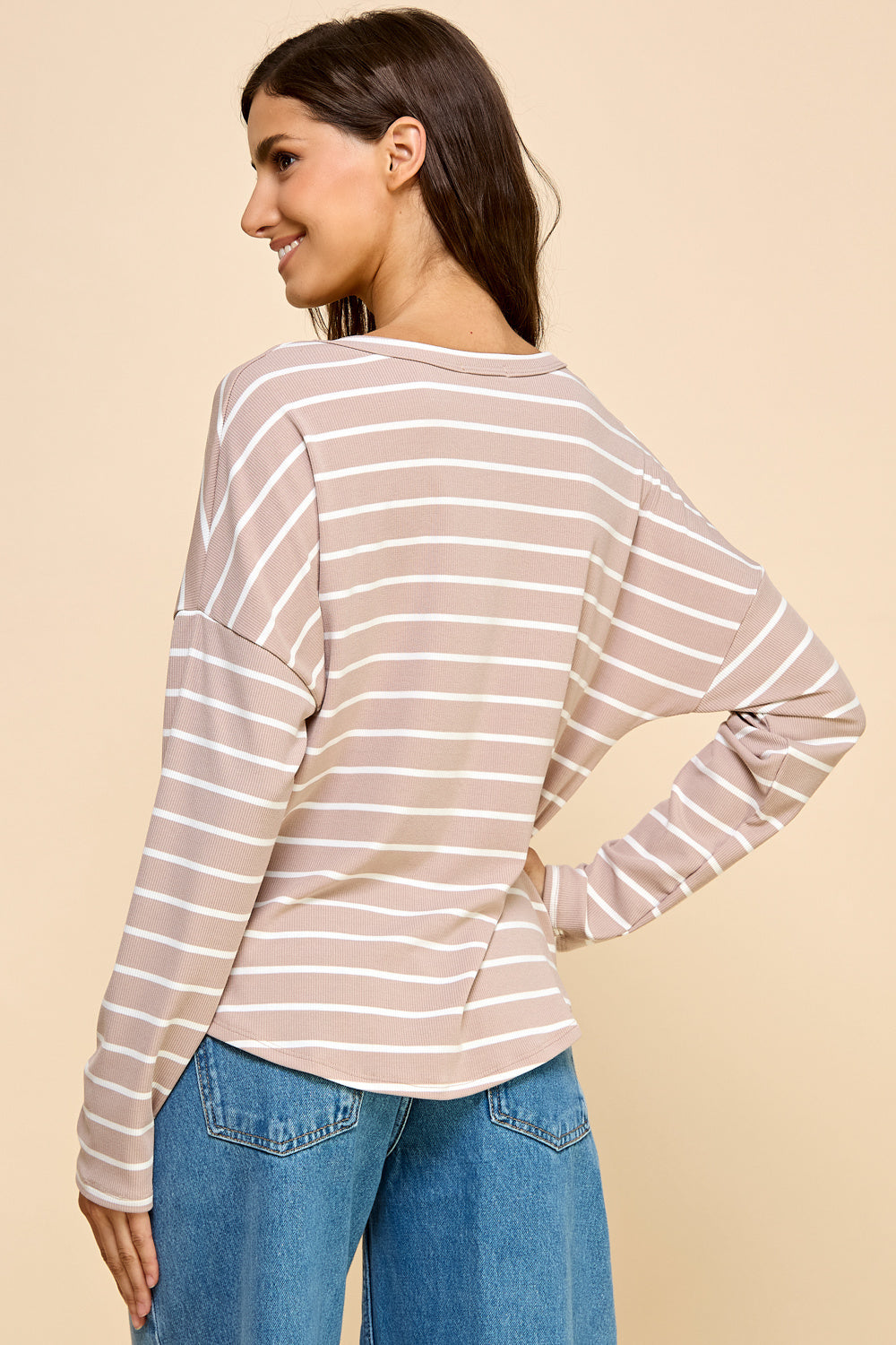 Basic Striped Top with V Neck and Long Sleeves — alternate view 2