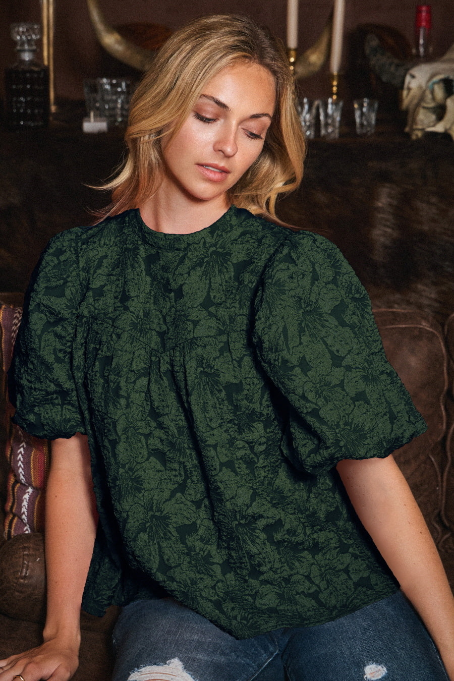 Floral Jacquard Balloon Sleeve Blouse — alternate view 2