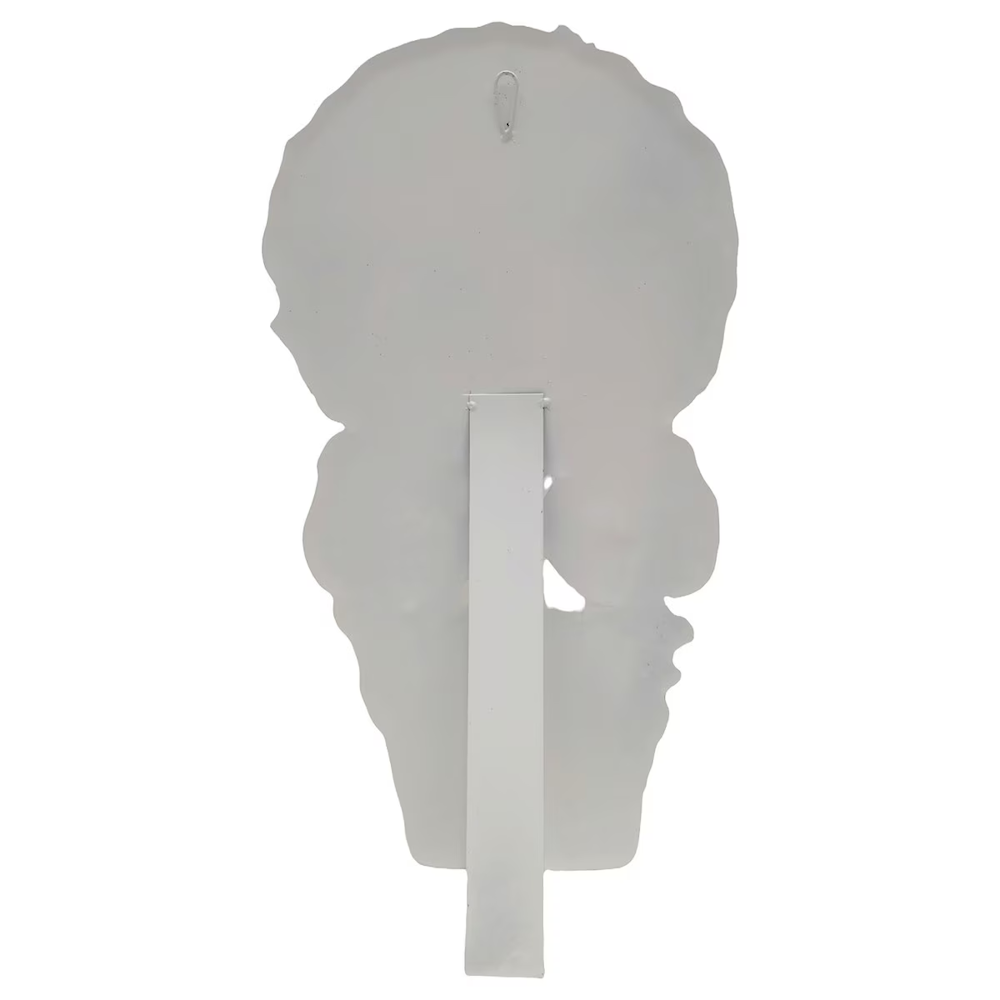 Reverse view of a white metal garden stake showing the mounting bracket and hanging loop on a plain white background.