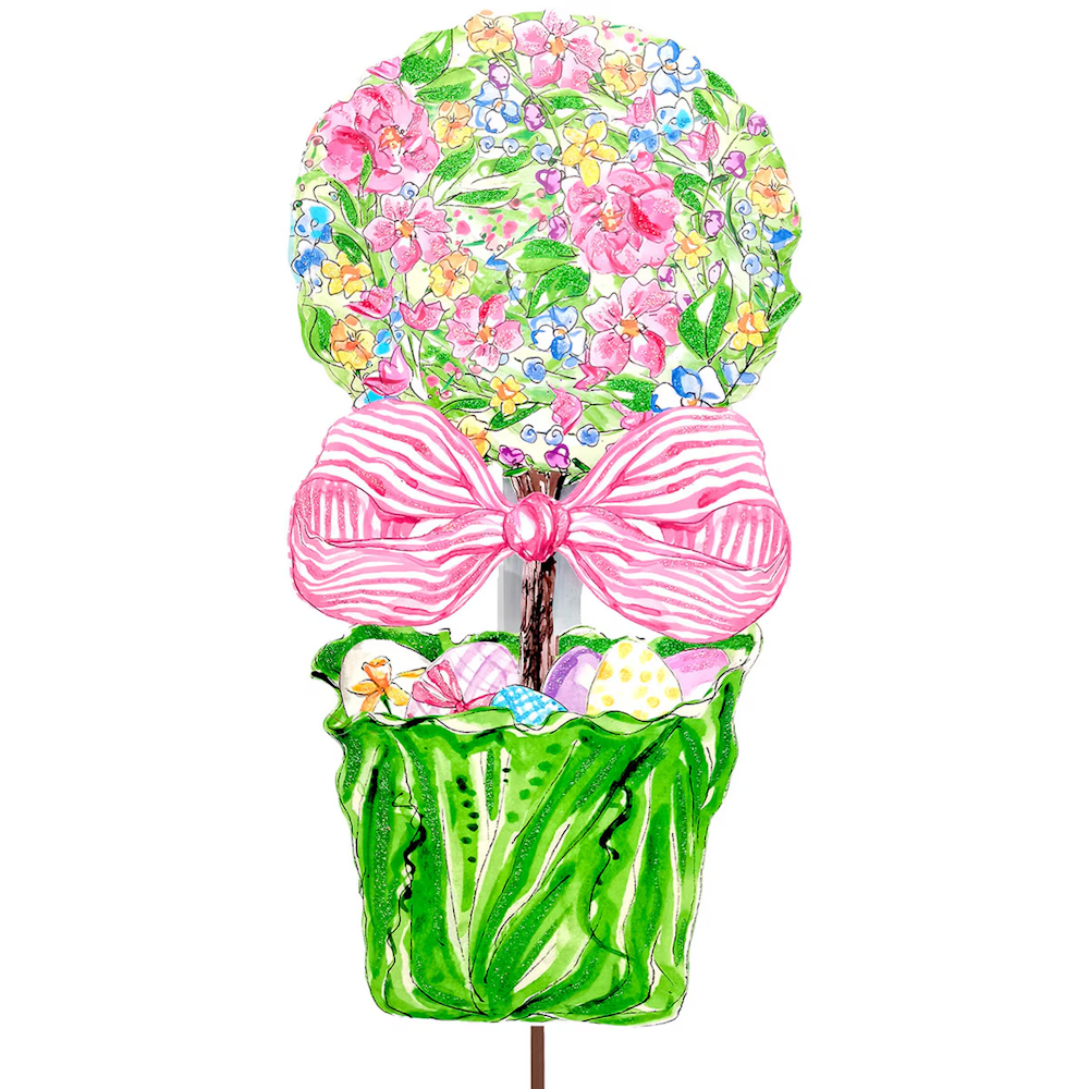 Floral topiary in a green cabbage pot with a pink striped bow and Easter eggs. Decorative spring garden stake.