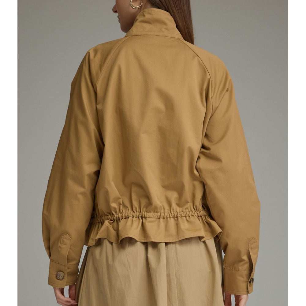 Full back view of a camel jacket featuring raglan sleeves and a ruffled drawstring hem.