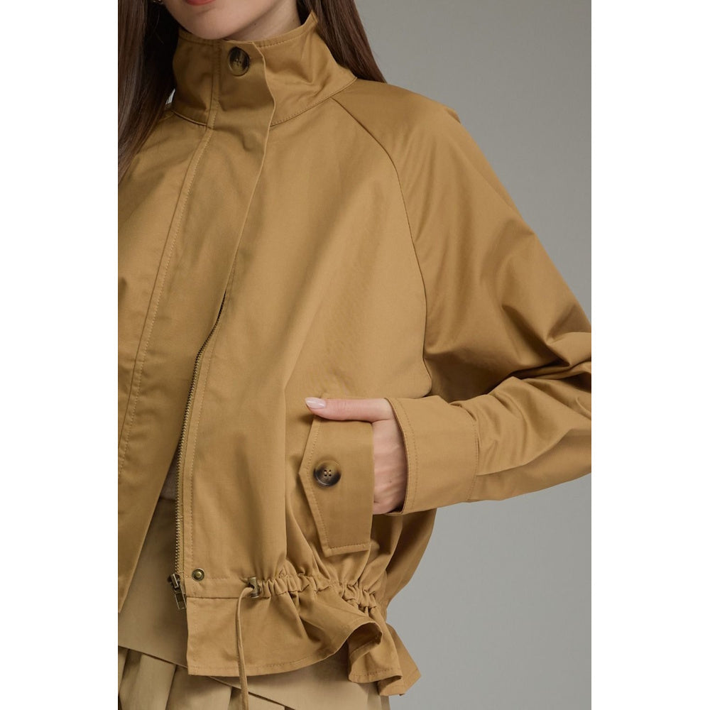 Close-up front view of a camel full-zip jacket featuring a button flap pocket and high collar.