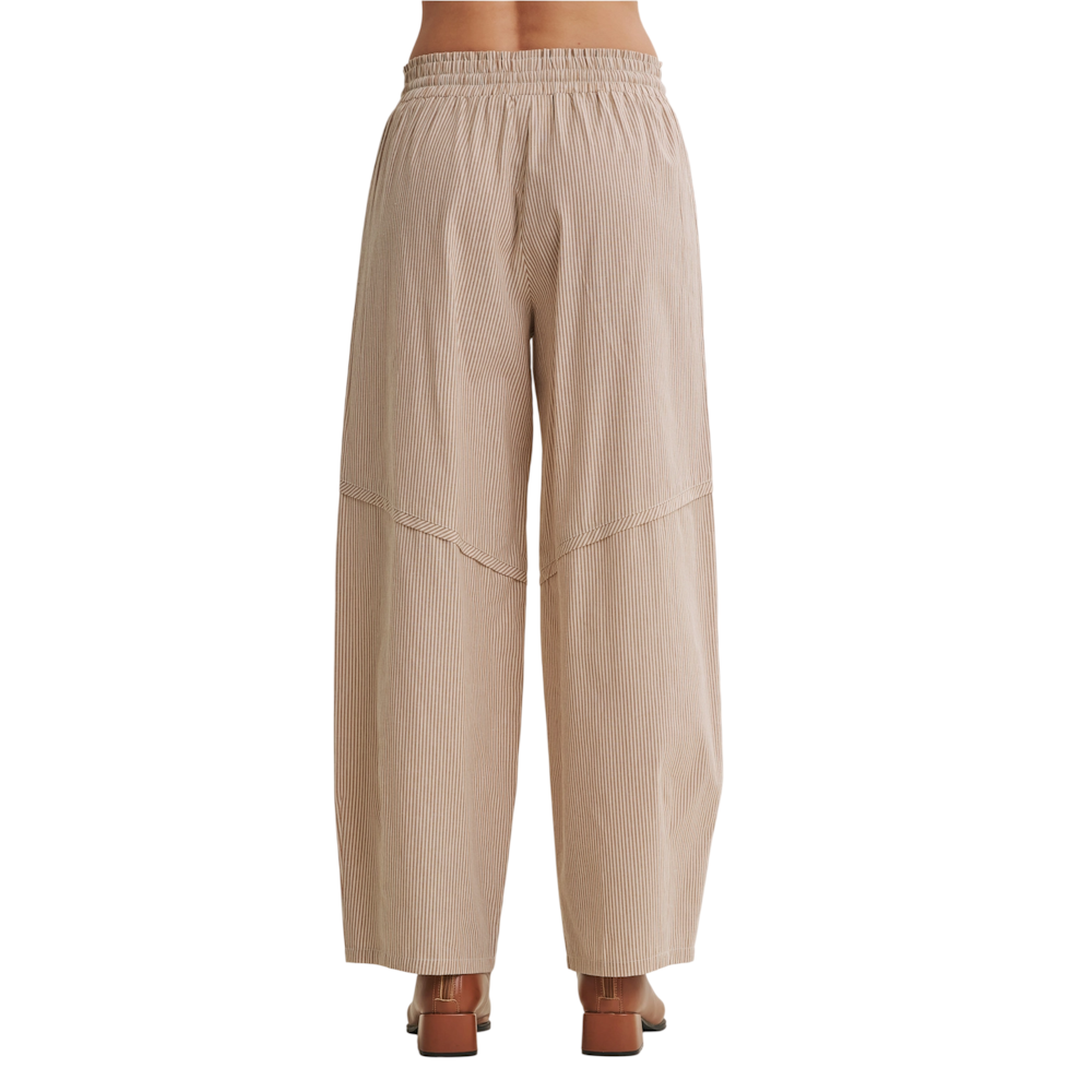 Back view of beige pinstriped wide-leg barrel pants with an elastic waist, paired with brown heeled boots.