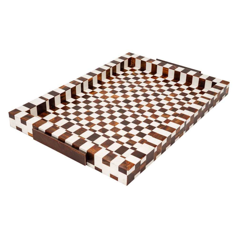 Rectangular wooden tray with a brown and white checkered bone inlay pattern and dark wood handles on a white background.