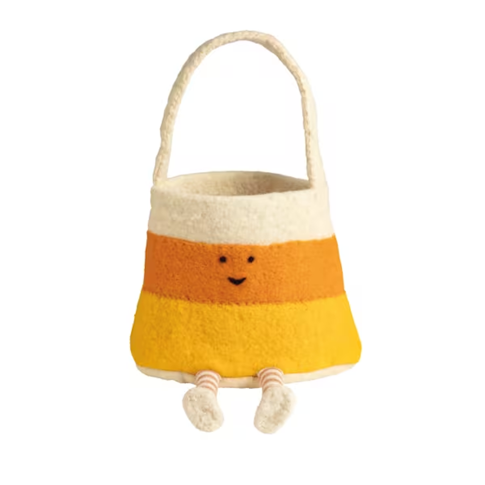 Candy corn felt treat bucket with a smiling face, handle, and dangling striped legs.
