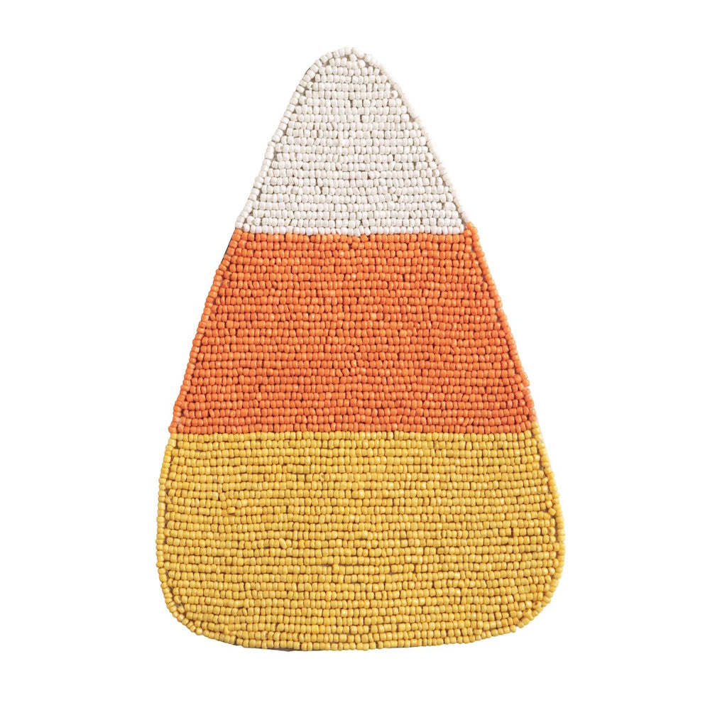Beaded trivet shaped like candy corn with white, orange, and yellow stripes on a white background.