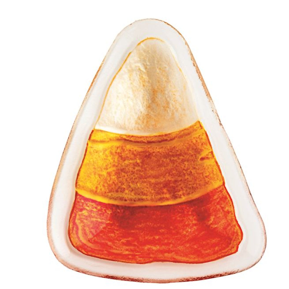 Candy corn shaped glass Halloween tidbit plate with yellow, orange, and white stripes.