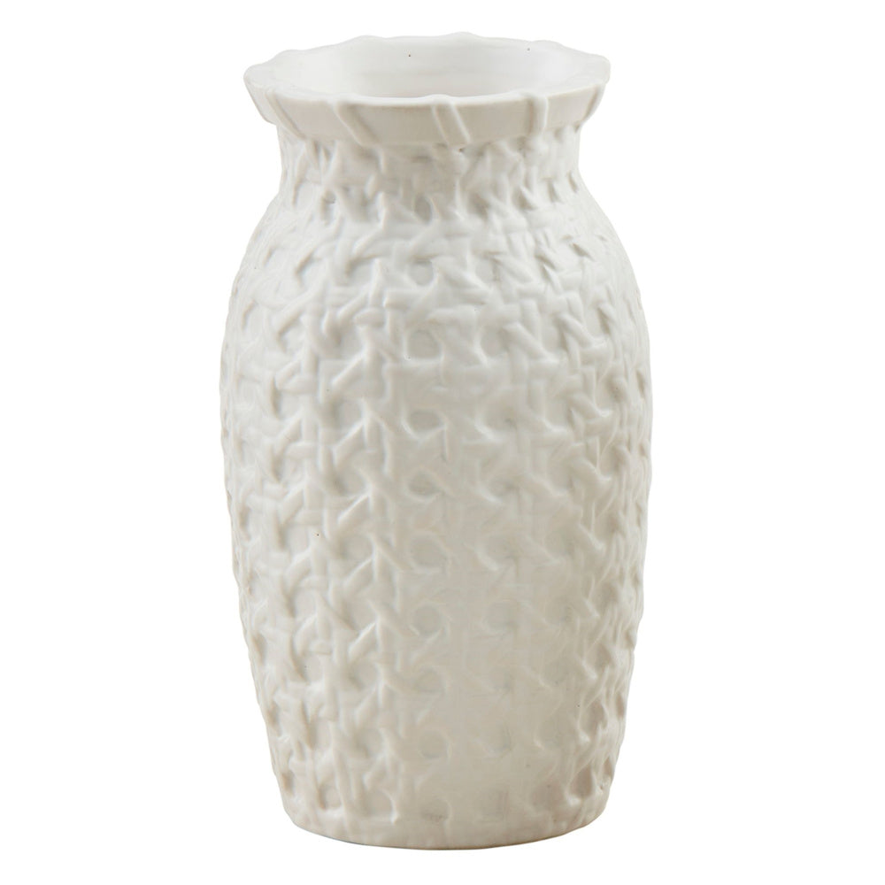 White woven stoneware bud vase with a textured lattice pattern and scalloped rim on a plain white background.