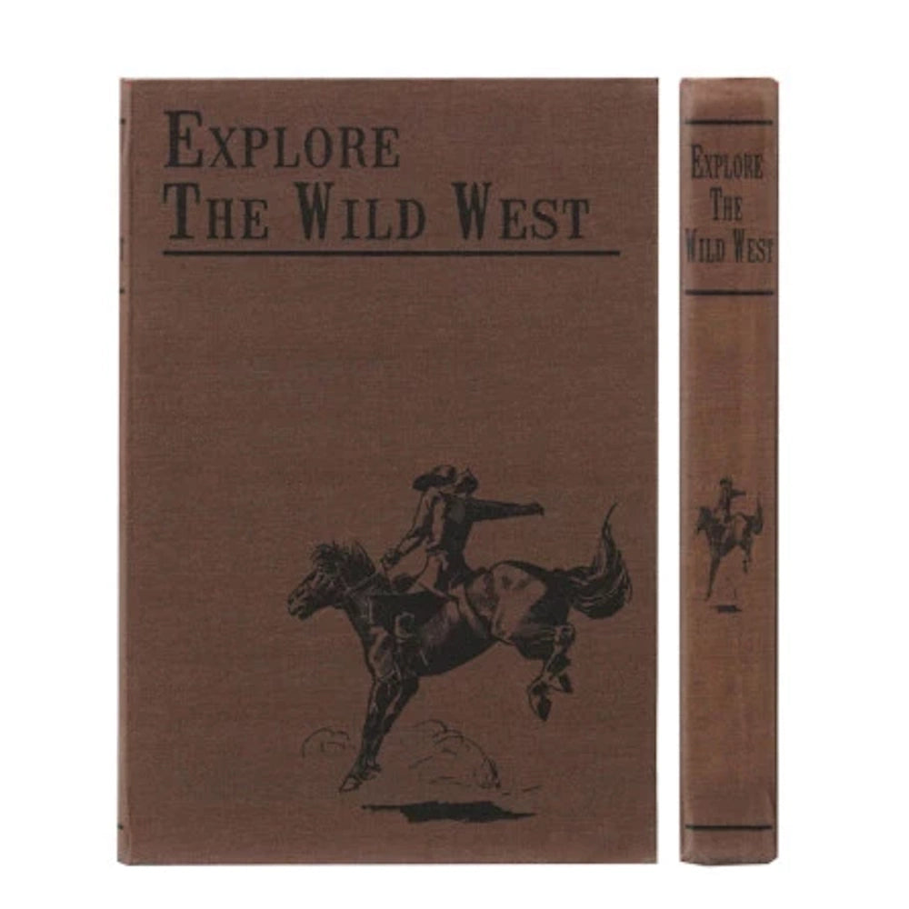 Vintage brown notebook titled "Explore The Wild West" with a cowboy on a bucking horse cover and spine.