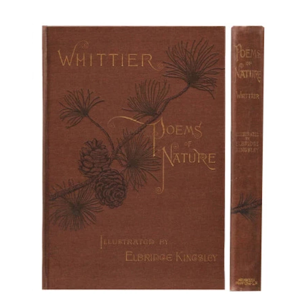 Vintage brown canvas notebook featuring Whittier's "Poems of Nature" with a botanical pine cone illustration.