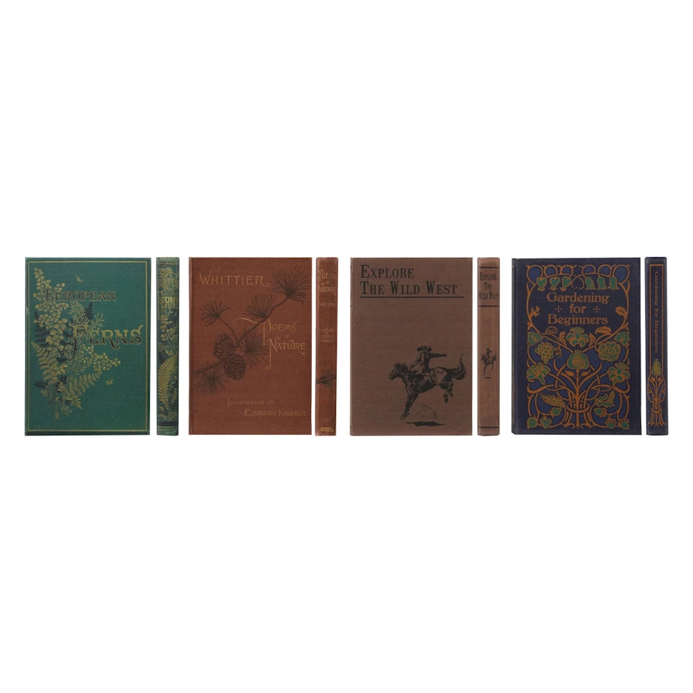 Four vintage-style canvas notebooks featuring "European Ferns," "Poems of Nature," "Wild West," and "Gardening" book designs.