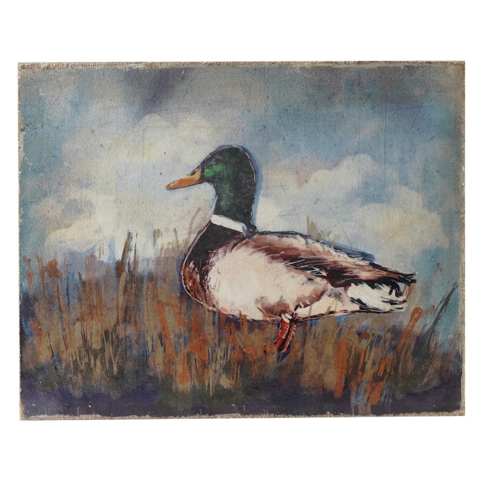 Vintage canvas wall art painting of a mallard duck standing in tall marsh grass.