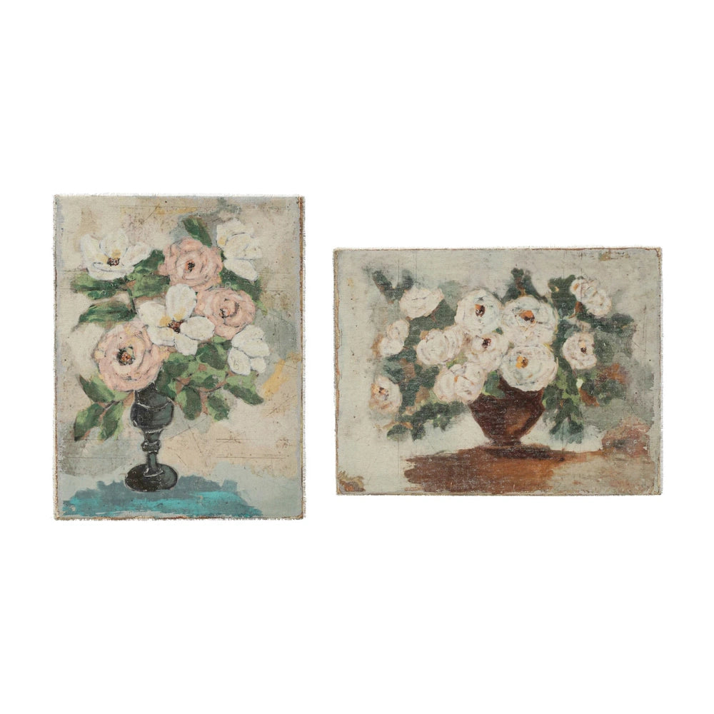 Vintage-style floral canvas wall art set featuring white and pink roses in vases with a distressed, rustic aesthetic.