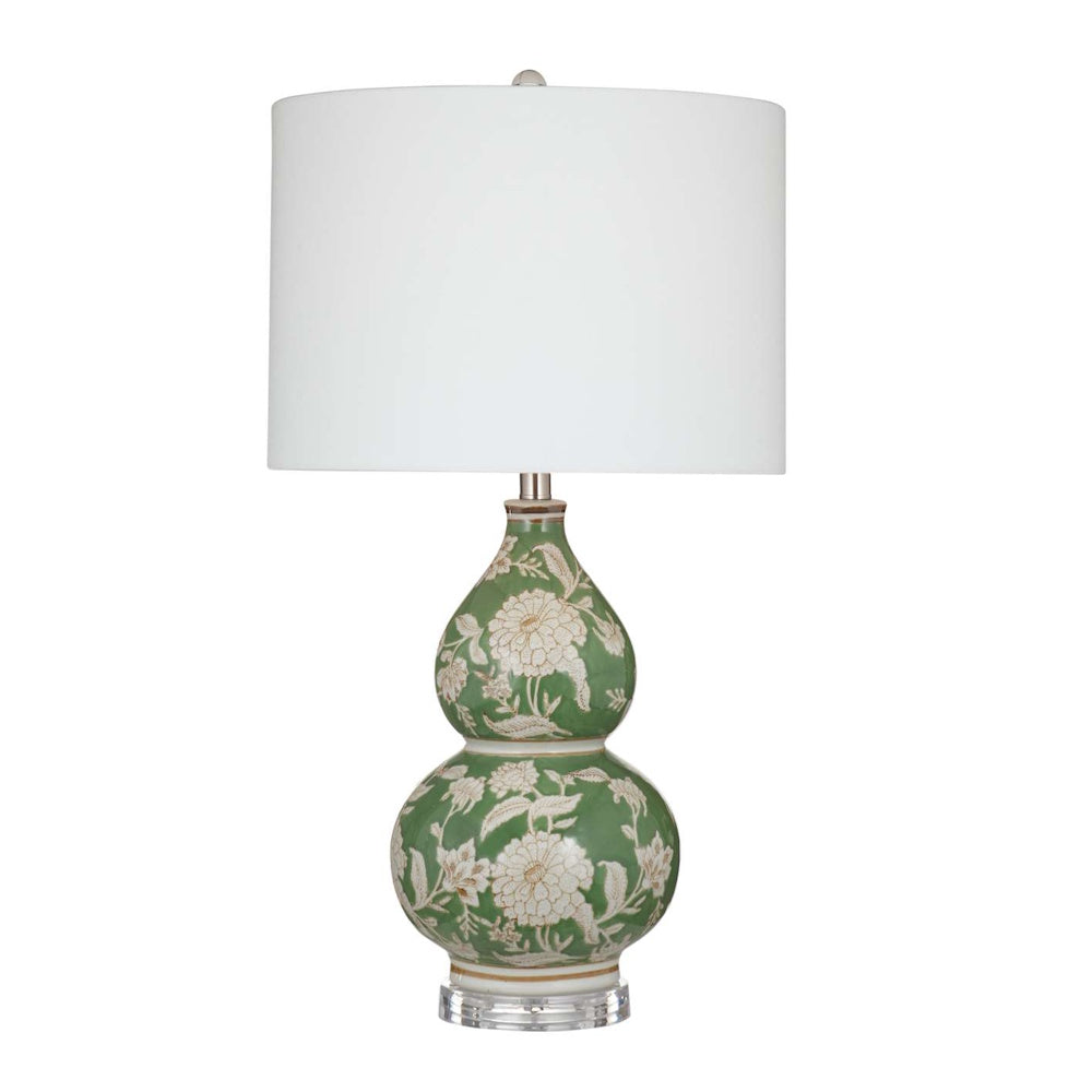 Vintage green floral ceramic double gourd table lamp with white drum shade and acrylic base.
