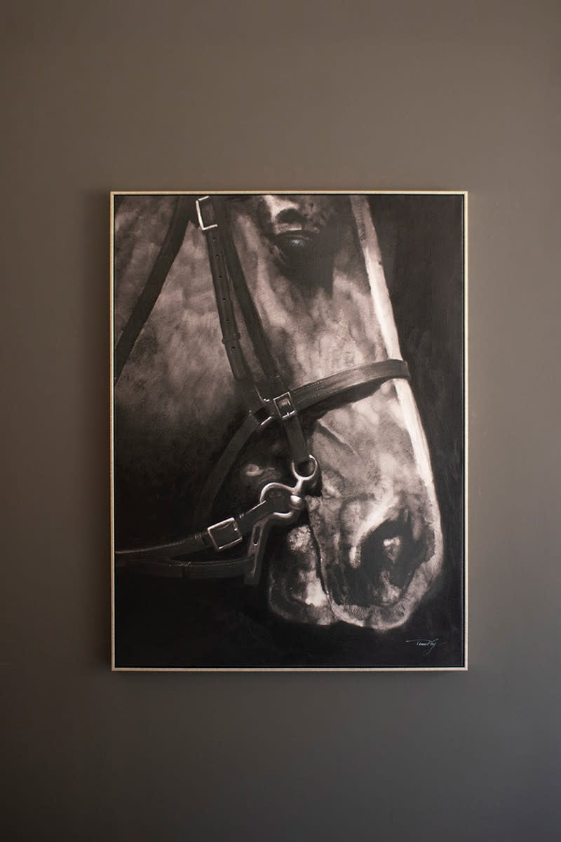 Black and White Side View Horse Oil Painting with Silver Frame — alternate view 2